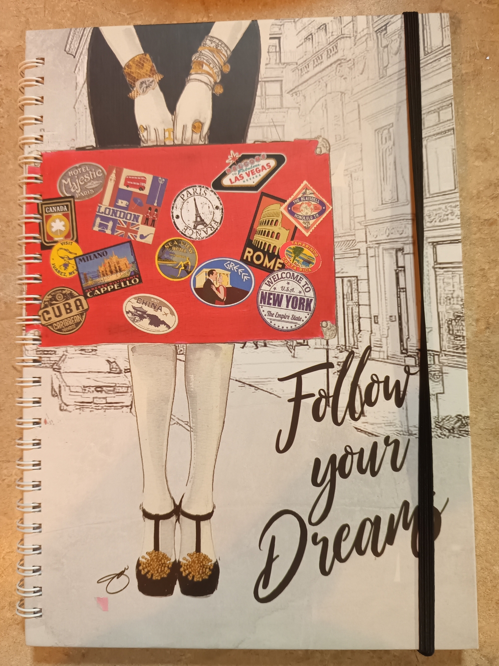 Red Travel Sticker Suitcase Journal "Follow Your Dreams"